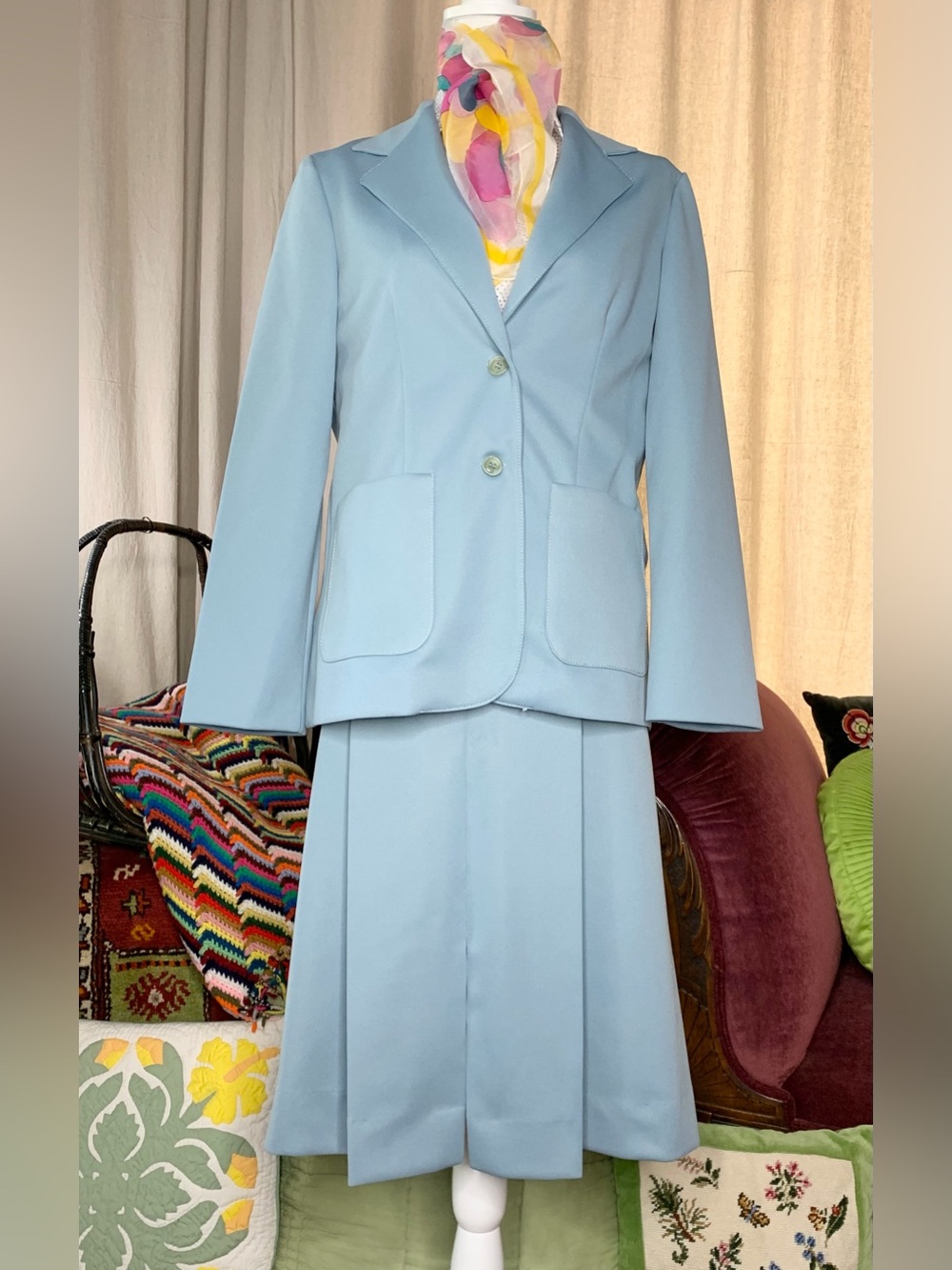 70s Blue Polyester Skirt Suit